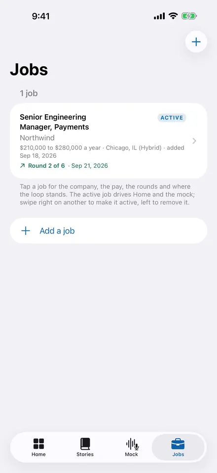 The Jobs tab, with every role being pursued and one marked active