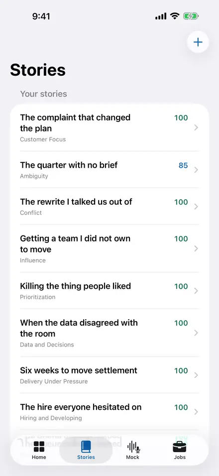 The story bank, each story scored and tagged with the competency it carries